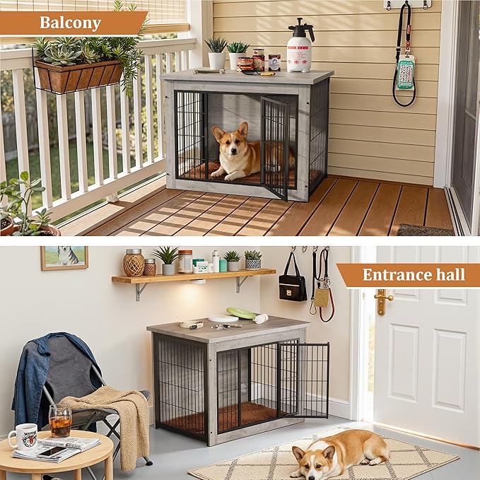 Greesum Modern Dog Crate Furniture That Doubles as a Side Table - Sturdy Wooden Kennel with Double Door Design, Equipped with Soft Cushion & Chew-Resistant Resign, Suitable for Dogs