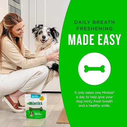 Minties Dog Dental Bone Treats, Dental Chews for Dogs 25-50 lbs, 60 Count, Brushing Chews Helps Clean Teeth and Freshen Bad Breath, Removes Plaque and Tartar, Veterinarian Recommended