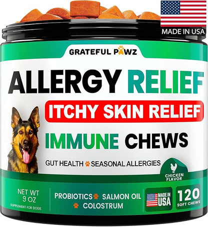 Dog Allergy Relief Chews - Dog Itch Relief - Probiotics, Omega 3 Fish Oil + Colostrum - Itchy Skin - Seasonal Allergies - Anti Itch Support & Hot Spots - Immune Health Supplement - Made in USA