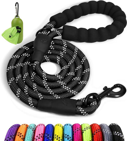Taglory Rope Dog Leash 4 FT with Comfortable Padded Handle, Highly Reflective Threads Leash and Anti-Tangle Clip for Walking Small Dogs, 3/8 inch, Black