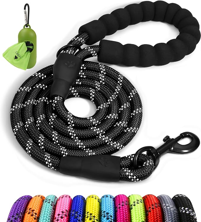 Taglory Rope Dog Leash 6 FT with Comfortable Padded Handle, Highly Reflective Threads Leash and Anti-Tangle Clip for Walking Small Dogs, 3/8 inch, Black