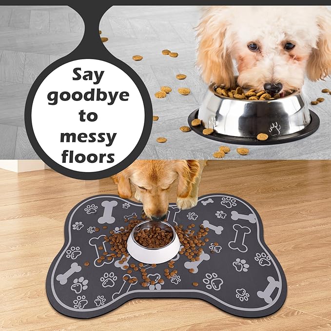 Dog Cat Food Mat,Rapid Absorbent Pet Feeding Mat, Bone Shaped Dog Placemat Water Bowl Mat with Rubber Backing,No Stains Dog Cat Food Mats Indoor, Pet Accessories Supplies 23"x36" Dark Grey