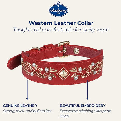 Blueberry Pet Western Leather Dog Collar - Genuine Leather with Floral Embroidery & Pearl Studs Adjustable 12-15 Inch Neck for Small Dogs