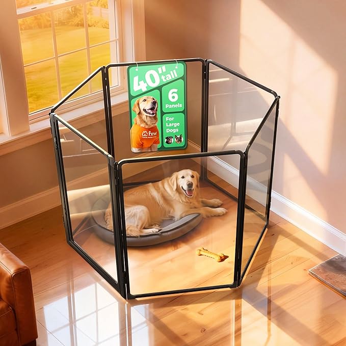 FXW AuraSpace Pro Acrylic Indoor Dog Playpen, Heavy-Duty with Metal Frame, 40" Height 6 Panels for Medium and Large Dogs, Black│Patented