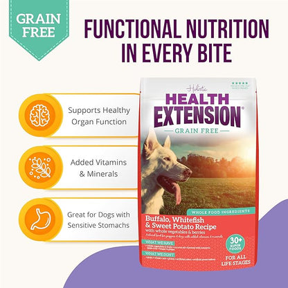 Health Extension Grain Free Buffalo & Whitefish Dry Dog Food - 30+ Superfoods and Probiotics for All Life Stages (4 lb)