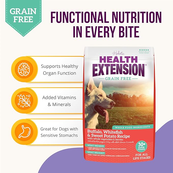 Health Extension Grain Free Buffalo & Whitefish Dry Dog Food - 30+ Superfoods and Probiotics for All Life Stages (23.5 lb)