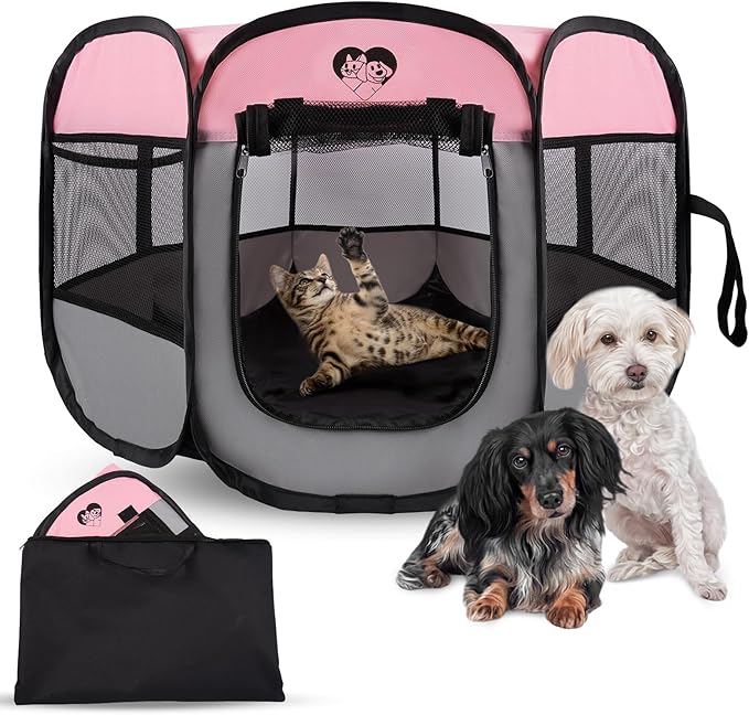 Dog Cat Playpen,Portable Foldable Tent- Pet Outdoor Exercise Crate Cage for Medium Dogs,Travel Camping Use for Small Animals with Carrying Case,Indoor Kennel for Sleeping(Pink,M)