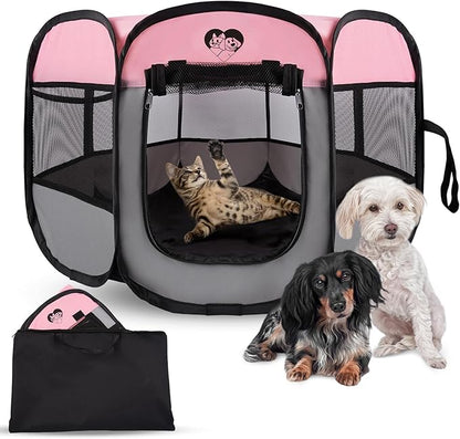 Dog Cat Playpen,Portable Foldable Tent- Pet Outdoor Exercise Crate Cage for Medium Dogs,Travel Camping Use for Small Animals with Carrying Case,Indoor Kennel for Sleeping(Pink,M)