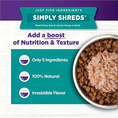 Wellness Bowl Boosters Simply Shreds Wet Dog Food Topper for Small, Medium, and Large Breeds, Grain Free, Natural, Tuna, Beef, and Carrots Recipe, 2.8 oz, Pack of 12 Pouches