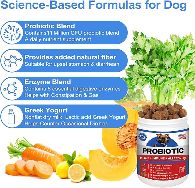 Probiotics for Dogs Gut Digestive Health Probiotic Chews for Dogs with 11 Billion CFUs, 4 Prebiotics, Pumpkin, Salmon Oil & Yogurt Base| Supports Gas, Yeast Balance & Immune, Dog Probiotics 200ct