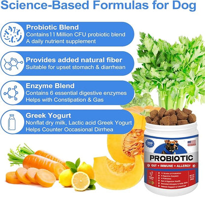 Probiotics for Dogs Gut Digestive Health Probiotic Chews for Dogs with 11 Billion CFUs, 4 Prebiotics, Pumpkin, Salmon Oil & Yogurt Base| Supports Gas, Yeast Balance & Immune, Dog Probiotics 200ct
