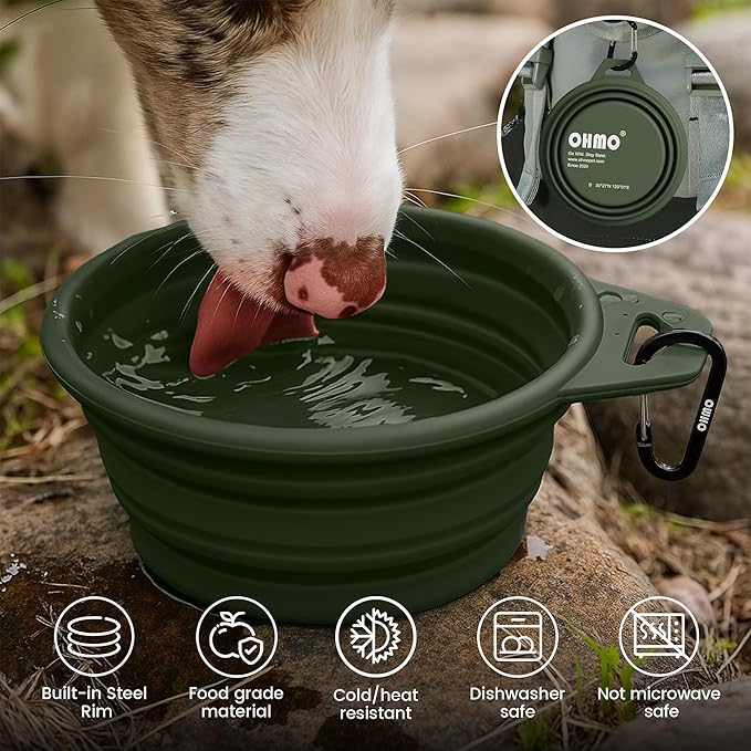 OHMO Collapsible Dog Water Bowls w/Built-in Stainless Steel Ring – 2pcs Small 12oz/400ml Portable Silicone Pet Feeding Bowl for Hiking, Camping, Travel