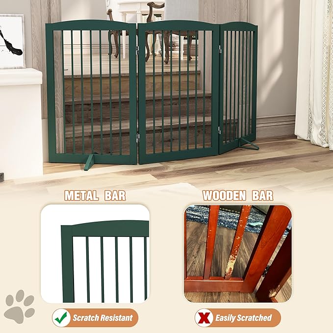 PUPETPO Freestanding Pet Gate for Dogs, Foldable Wooden Dog Gate for House Indoor, Step Over Pet Puppy Safety Fence for Stair, Doorway,Hall, Support Feet Included,3 Panels 32",Green