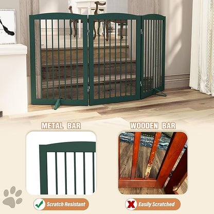 PUPETPO Freestanding Pet Gate for Dogs, Foldable Wooden Dog Gate for House Indoor, Step Over Pet Puppy Safety Fence for Stair, Doorway,Hall, Support Feet Included,3 Panels 32",Green