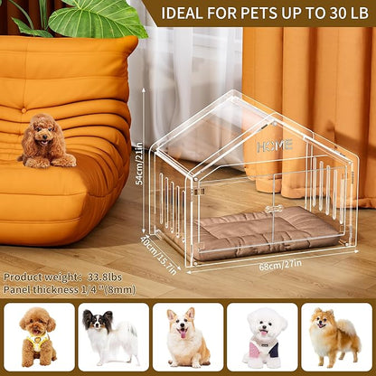 Acrylic Dog House Indoor.Clear Dog Crate for Small Dogs, Modern Indoor Dog Kennel for Most Small Dog Cat Pet (Clear, 15.7 * 21.5 * 27 inch)
