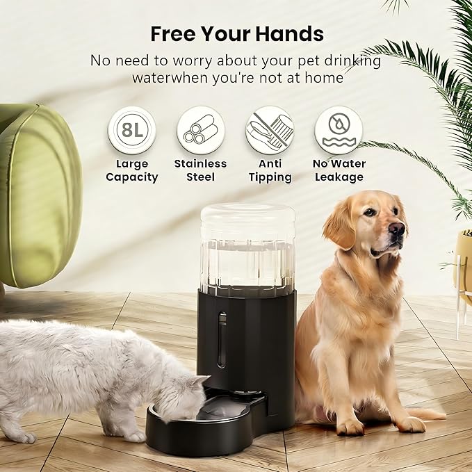 CZPET Dog Water Bowl Dispenser 8L, Wider Mouth & Upgraded Brush for Easy Cleaning Automatic Cat Gravity Refilling Waterer with Removable Stainless Still Bowl, Larger Drinking Area for Multi-Pet Home