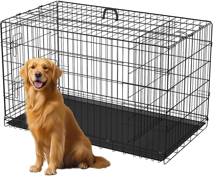 FDW Dog Crate 42-Inch Dog Cage Single Door Foldable Metal Kennel with Leakproof Tray Foldable Design Indoor Outdoor Use for Large Dogs,Dark Black