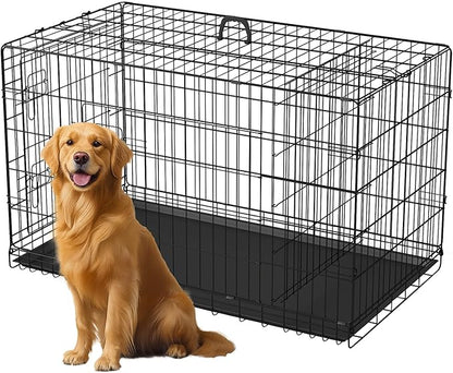 FDW Dog Crate 42-Inch Dog Cage Single Door Foldable Metal Kennel with Leakproof Tray Foldable Design Indoor Outdoor Use for Large Dogs,Dark Black