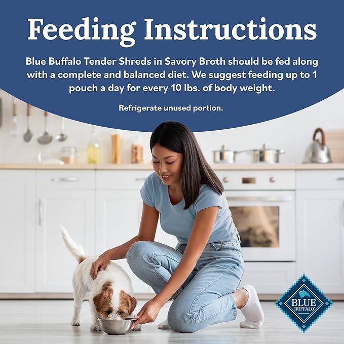 Blue Buffalo Tender Shreds Salmon & Chicken Toppers in Savory Broth, Natural Dog Food Complement, Salmon & Chicken, 2.5-oz. Pouch, 24-Count