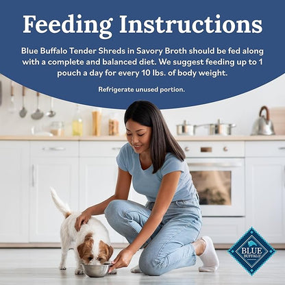 Blue Buffalo Tender Shreds Salmon & Chicken Toppers in Savory Broth, Natural Dog Food Complement, Salmon & Chicken, 2.5-oz. Pouch, 24-Count