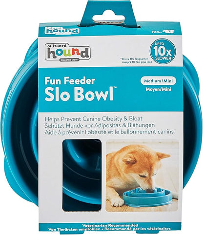 Outward Hound Fun Feeder Slo Bowl – Medium 2‑Cup Capacity,Slow Feeding,Small to Medium Dogs & Cats,Non-Slip,Turquoise,Drop Pattern,(Pack of 12)