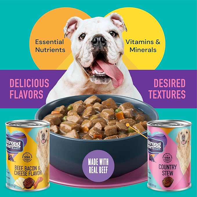 A Strong Heart Wet Dog Food Variety Pack, Beef Bacon & Cheese Dinner & Country Stew, Made with Real Beef, Made in The USA, 13.2 oz Can (Pack of 12)