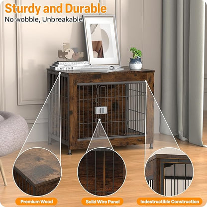 Furniture Style Dog Crate, 27" Wooden Dog Kennel End Table with Solid Top, Indoor Pet Crate House with Secure Slide Lock, Modern Dog Cage Furniture for Small & Medium Dogs
