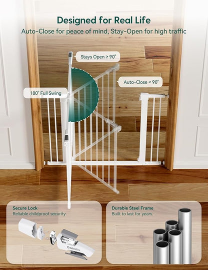 Babelio 36" Tall Baby Gate, PressGuard P7, 29-48" Auto Close Pressure Mounted Dog Gate for Stairs, Doorways & Hallway, Protector Basics Easy Walk Thru Pet Gate, White