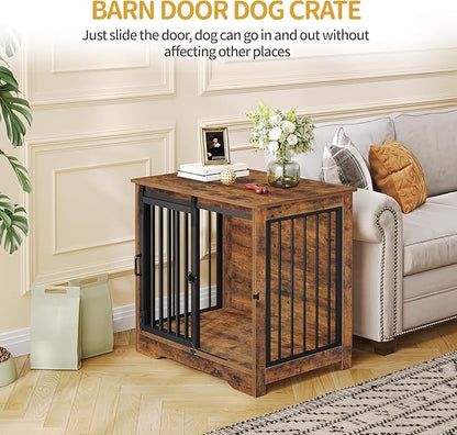 Hzuaneri 27.2" Dog Crate Furniture with Barn Door, Heavy Duty Dog Kennel Indoor with 2 Doors, Wooden Pet Cage End Table for Small Medium Dogs up to 22 lb, Anti-Chew Anti-Escape, Rustic Brown DFC84301B