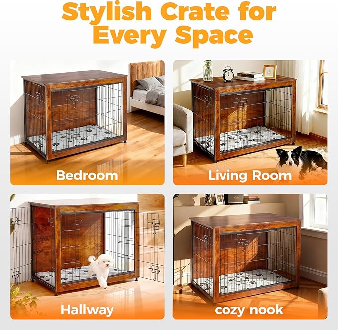 SHAWKEN Wooden & Metal Large Dog Crate Furniture Indoor with Soft Cushion, Double-Door Dog House, 37.4" L Dog Kennel (Rustic Brown, Large)