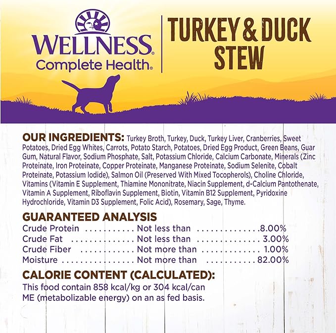 Wellness Complete Health Stew Adult Canned Wet Dog Food, Grain Free, Natural, Turkey and Duck Recipe, 12.5 oz, Pack of 12 Cans