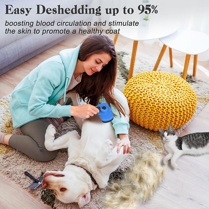 Dipoo Self-Cleaning Brush for Pet Deshedding - Skin-Friendly Grooming Tool for Dogs and Cats, Blue