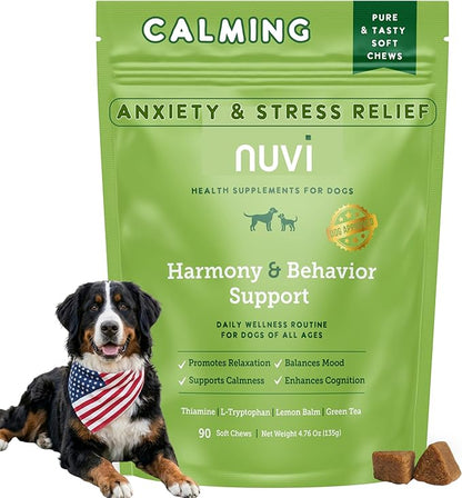 Nuvi Calming Chews for Dogs — Anxiety & Stress Relief Soft Chews | Non-Drowsy, Vet-Recommended Ingredients | Separation Anxiety, Fireworks, Travel | 90 Count