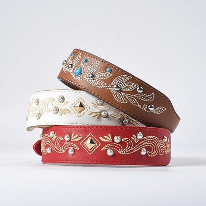 Blueberry Pet Western Genuine Leather Dog Collar for Small Breeds, Pearl White - Floral Embroidery, Pearl Studs, Adjustable 12-15 Inch Neck
