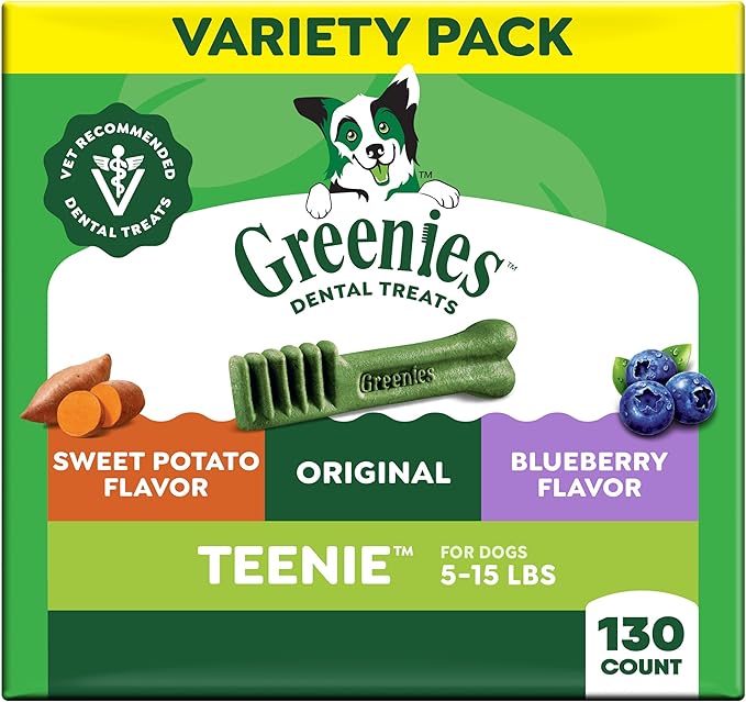 Greenies Dog Treats Veterinarian-Recommended Natural Dental Treats for Dogs, Teenie Size, Variety Pack Flavor, (3) 12 oz. Packs, 130 Count