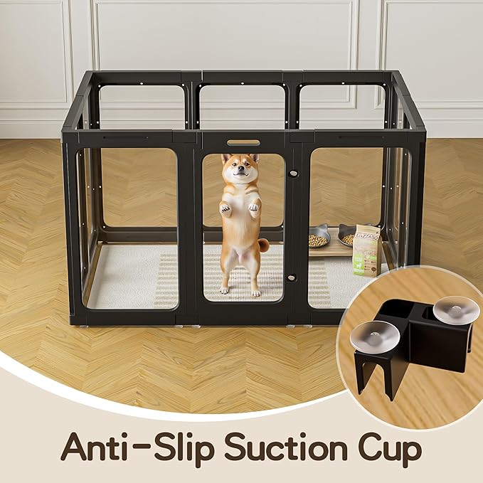 Jalove 30" H Clear Dog Playpen Acrylic Puppy Playpen Indoor, Easy Assemble Cat Rabbit Ferret Pet Play Pen with Door, Plastic Dog Fence Kennel Whelping Cage Enclosure Black 2PCS