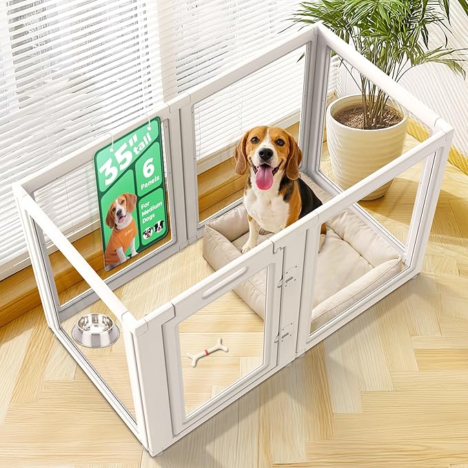 FXW AuraSpace Acrylic Indoor Dog Playpen for Medium Dogs, 35 Inch, 6 Panels, White