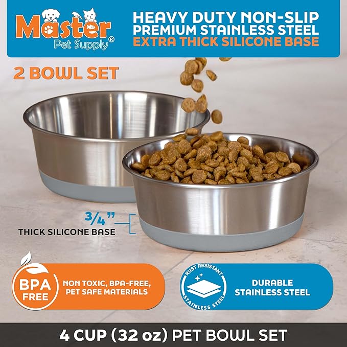 Master Pet Supply Stainless Steel Dog Bowls Set of 2 with Extra Thick Silicone Base - 4 Cup (32 oz) Graphite, Non-Slip, Dishwasher Safe Metal Bowls, Pet Dog Food Bowl for Dogs, Cats, Anti Rust