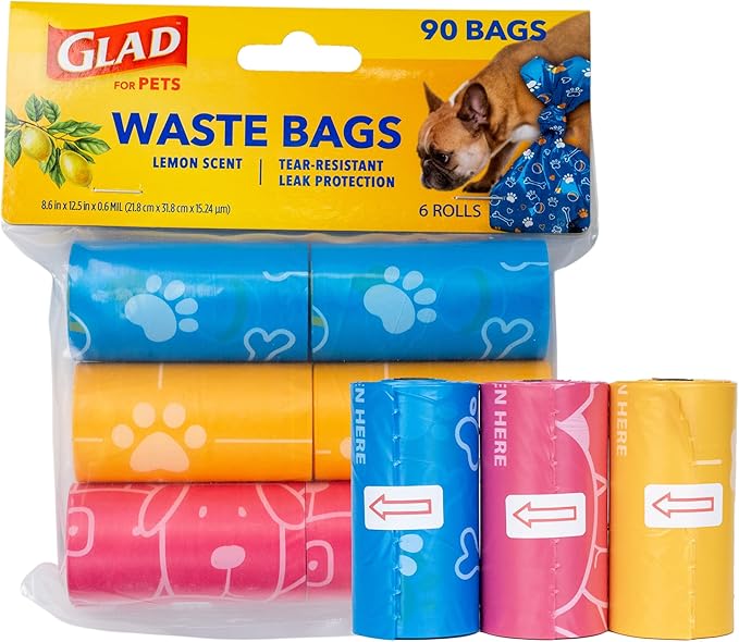 Glad for Pets Scented Waste Bags, Tear Resistant Pet Poop Pick-up Bags with Leak Protection, Lemon Scent, Multicolor Designs, 6 rolls, 90 bags total