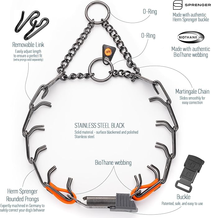 Herm Sprenger Black Stainless Steel Dog Collar with Quick Release ClicLock Buckle O-Ring Biothane Insert Training Collar Made in Germany (Hunter Orange, 16in x 2.25mm(Neck Size up to 13-14in))