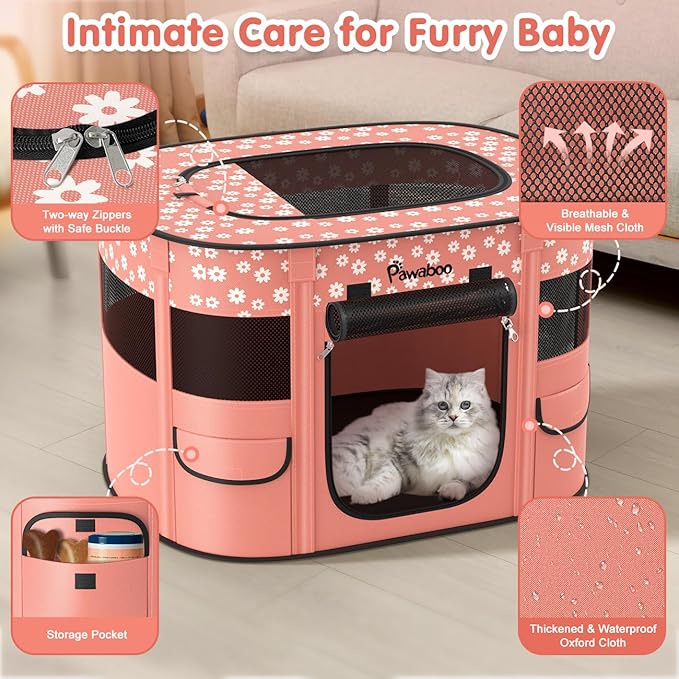 Dog Playpen, Portable Pet Cat PlayPen, 600D Oxford Dog Kennel Tent Crate, Waterproof&Breathable, Indoor Outdoor Travel Camping for Medium/Large Breed with Carrying Case+Bowl(M), Light Pink Flowers