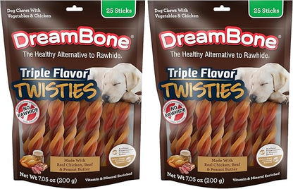 DreamBone Triple Flavor Twisties Chews for Dogs, 25 Count, Treat Your Dog to Rawhide-Free Chews Made with Real Chicken, Beef and Peanut Butter (Pack of 2)