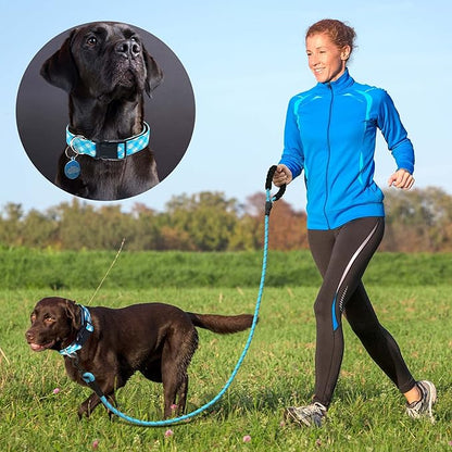 Ladoogo Reflective Dog Collar Padded with Soft Neoprene Breathable Adjustable Nylon Dog Collars for Small Medium Large Dogs (Medium (Pack of 1), Vivid Blue Plaid Collar+Leash)