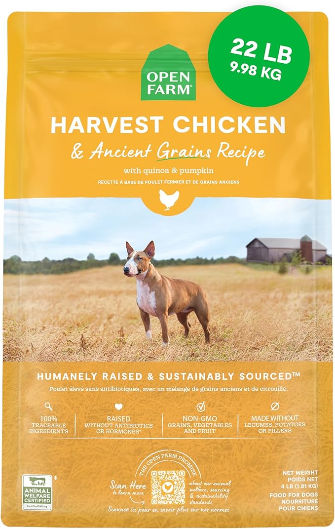 Open Farm, Ancient Grains Dry Dog Food, Protein-Rich & Nutrient Dense, 90% Animal Protein Mixed with Non-GMO Fruits, Veggies and Superfoods, Harvest Chicken Recipe, 22lb Bag