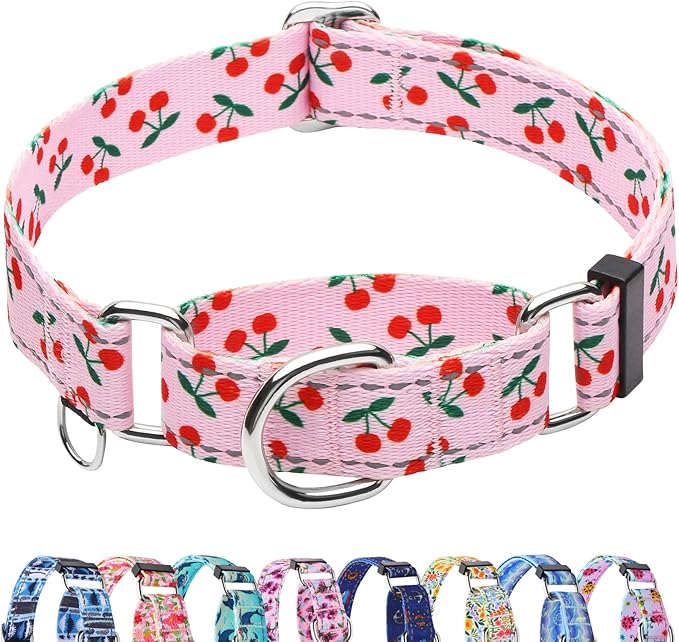 Reflective Martingale Collar for Dogs Nylon Training Collar with No Buckle No Pull Cute Dog Collar for Large Dogs（Pink Cherry，L）