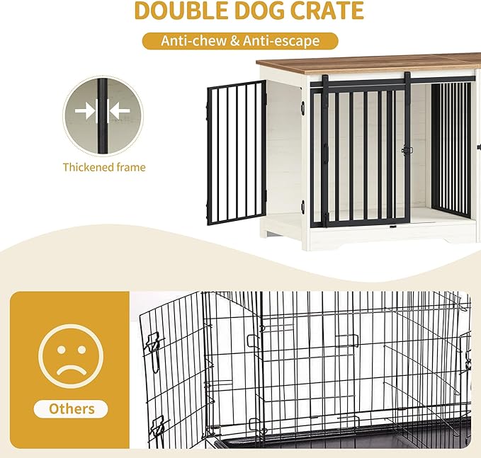 Hzuaneri 54" Dog Crate Furniture for 2 Dogs, Double Dog Cage with Divider, Wooden Heavy Duty Dogs Kennel, Pet Cage with Barn Door, TV Stand for Large Small Medium Pet, White Brown DFC88314B