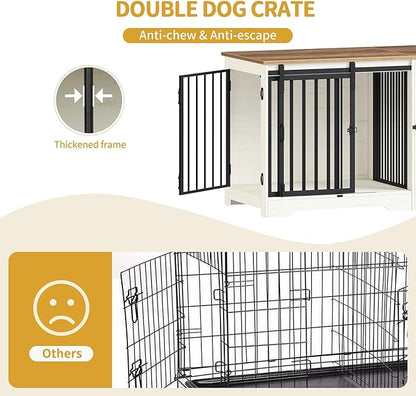 Hzuaneri 54" Dog Crate Furniture for 2 Dogs, Double Dog Cage with Divider, Wooden Heavy Duty Dogs Kennel, Pet Cage with Barn Door, TV Stand for Large Small Medium Pet, White Brown DFC88314B