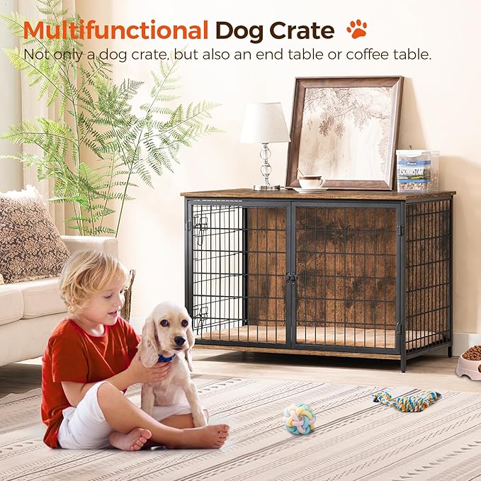 MAHANCRIS Dog Crate Furniture with Cushion, Wooden Dog Kennel with Double Doors, Heavy Duty Dog Cage for Small/Medium/Large Dogs, Indoor Dog House End Table, 39.4" L, Rustic Brown DCHR10701