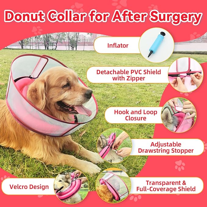 Upgraded Inflatable Dog Cone Collar for Dogs After Surgery,Adjustable Soft Elizabethan Collar for Medium Large Dogs,Comfortable Dual-Ring Dog Cone with Detachable Transparent Anti-Licking Shield（M