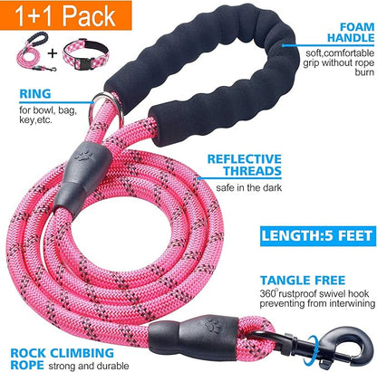 Ladoogo Reflective Dog Collar Padded with Soft Neoprene Breathable Adjustable Nylon Dog Collars for Small Medium Large Dogs (Small (Pack of 1), Pink Plaid Collar+Leash)